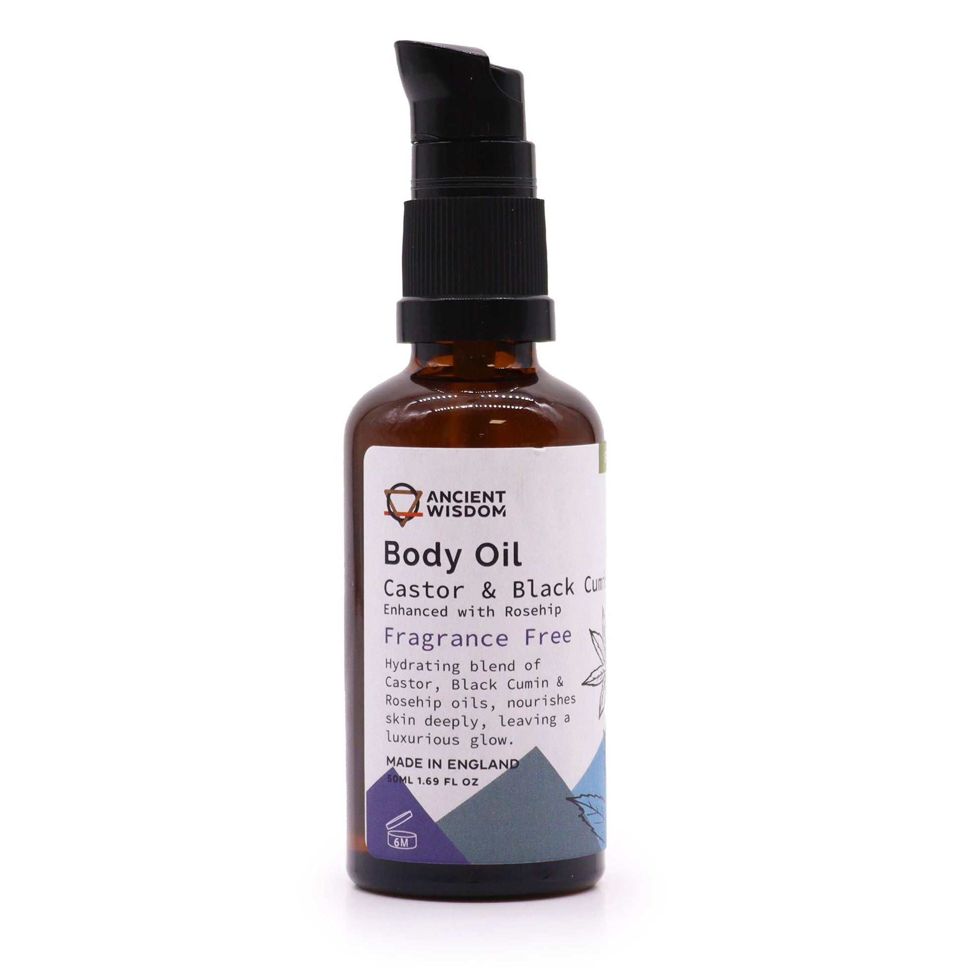 Clear 50ml glass bottle of unfragranced organic rosehip body oil with a minimalist label on a white background.