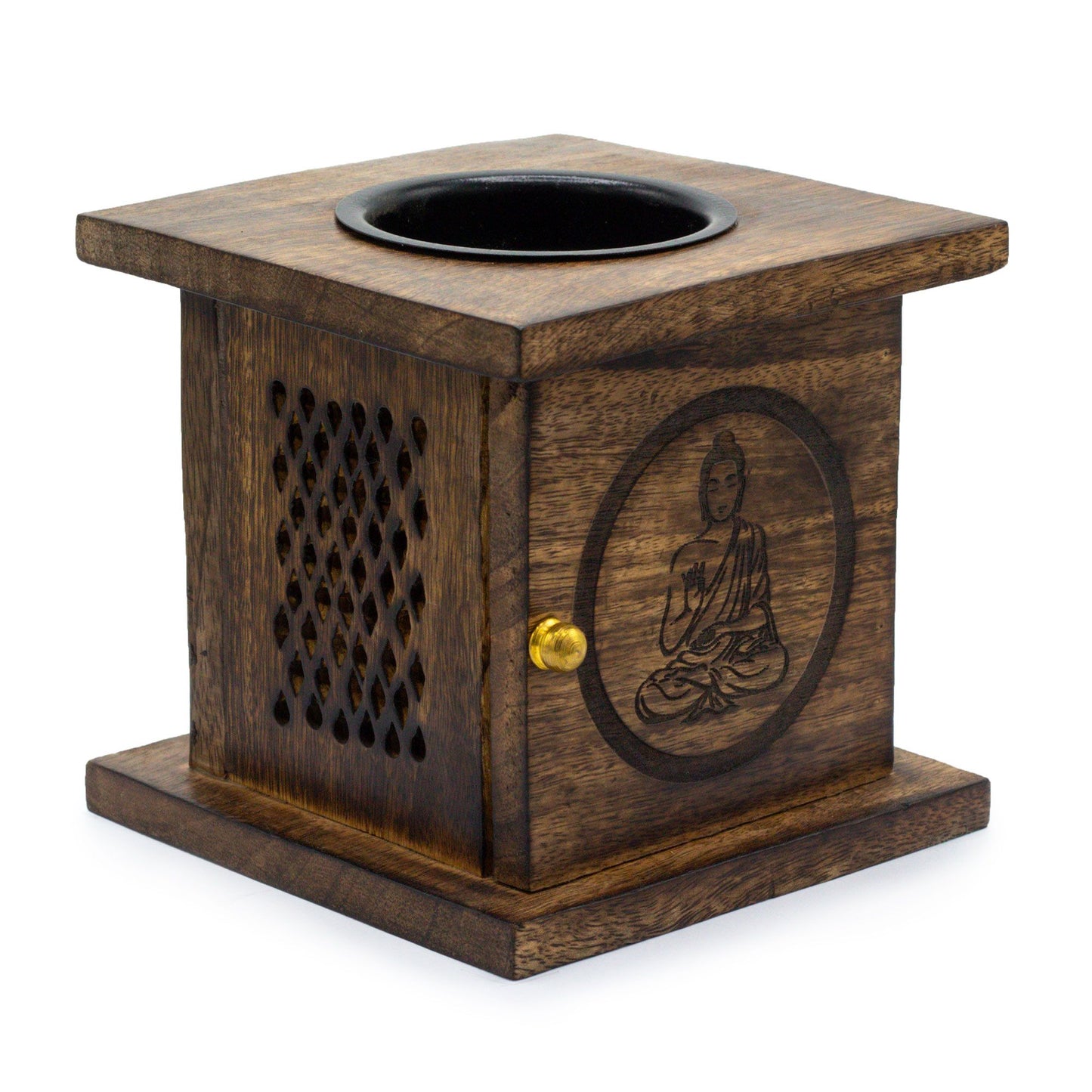 Hand-carved Buddha design on a natural mango wood box oil burner with a brass knob on the front panel.