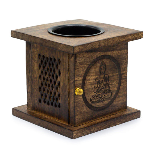 Hand-carved Buddha design on a natural mango wood box oil burner with a brass knob on the front panel.