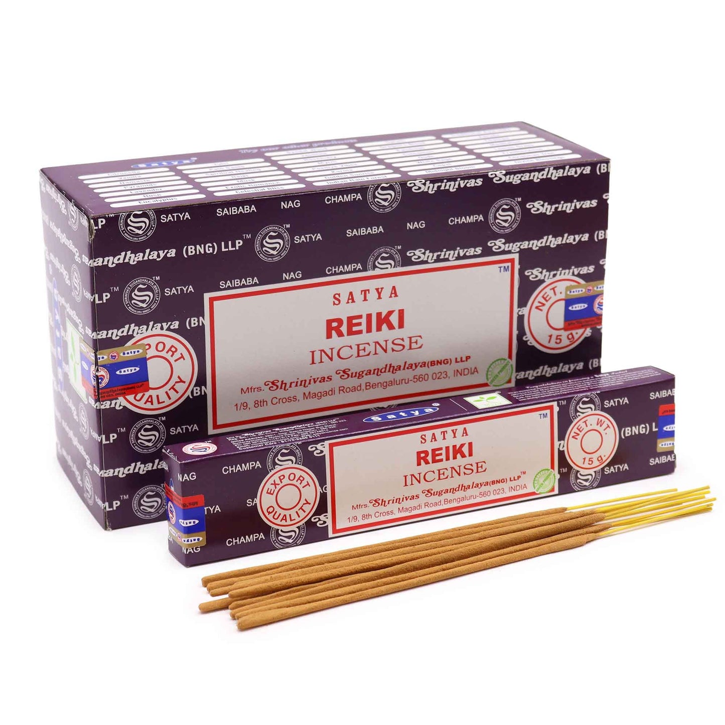 Hand-rolled incense sticks in a blue box with traditional patterns on a plain background.