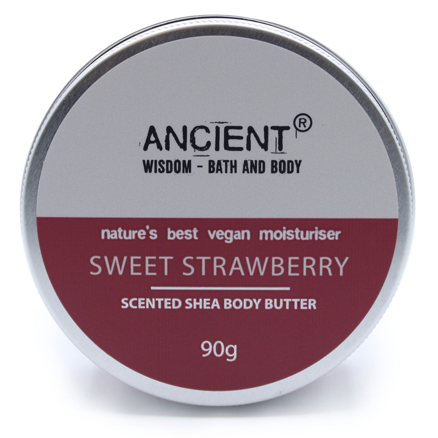 Smooth, creamy pink strawberry scented shea body butter in a clear circular pot.