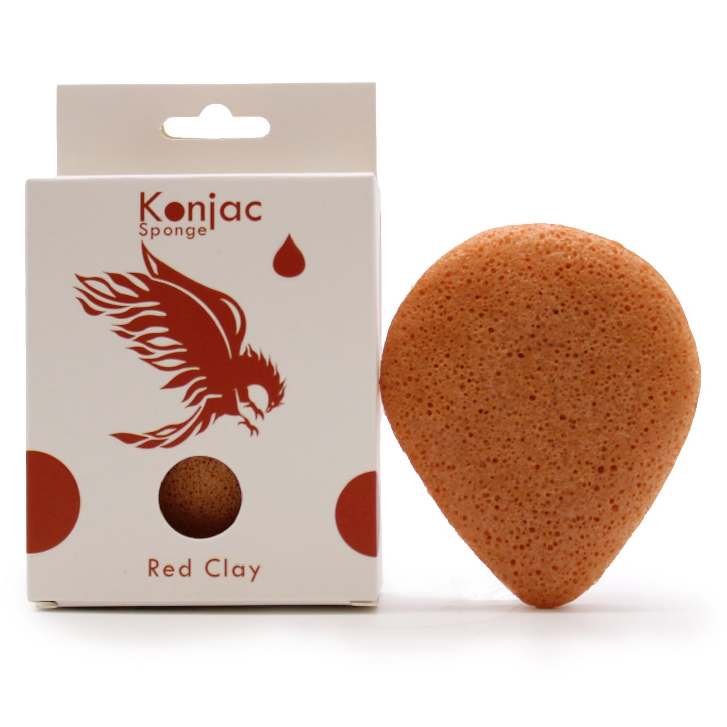 Red teardrop-shaped konjac sponge with a textured surface for gentle facial exfoliation and cleansing.