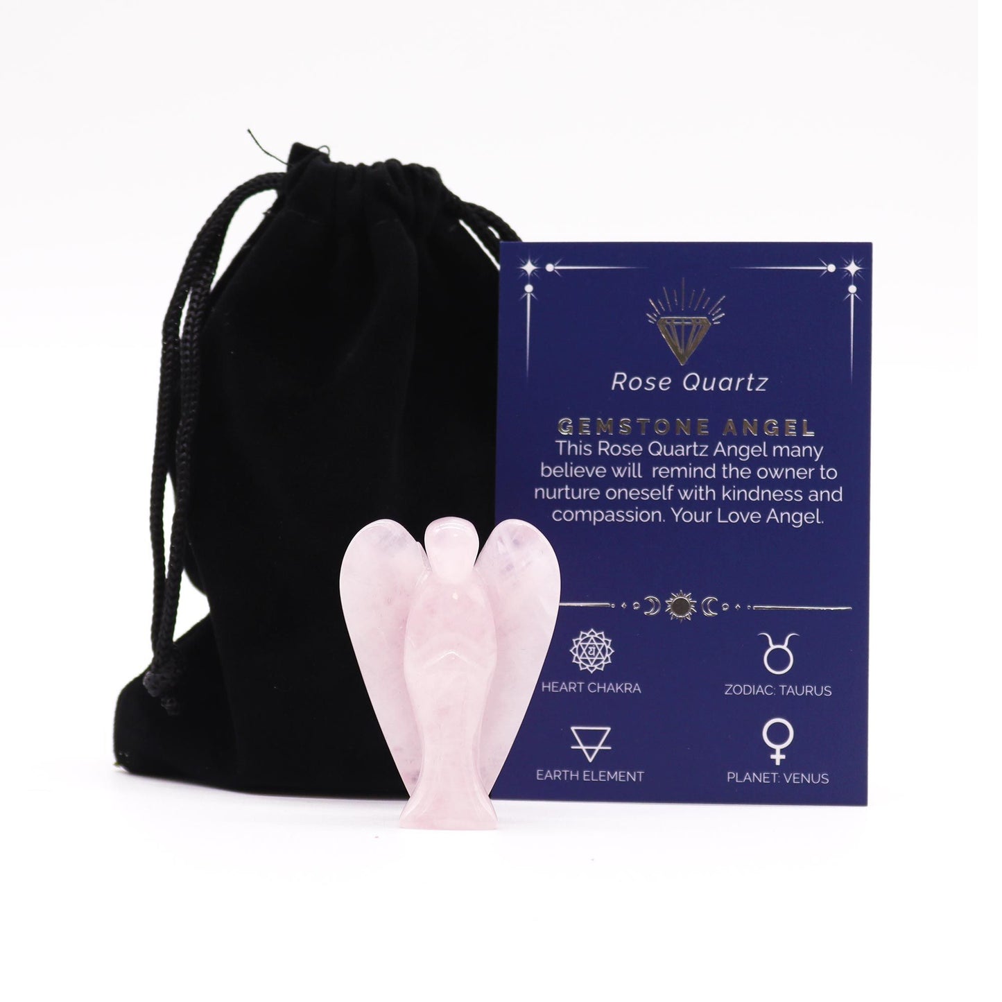 Small 50mm guardian angel figurine handcrafted from polished pink rose quartz gemstone.