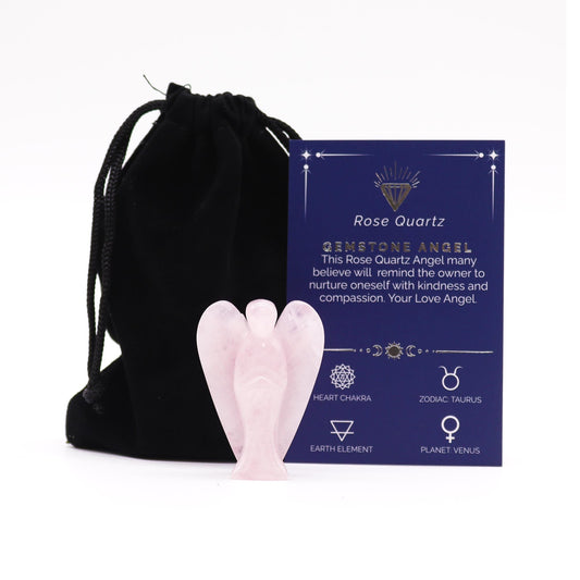 Small 50mm guardian angel figurine handcrafted from polished pink rose quartz gemstone.