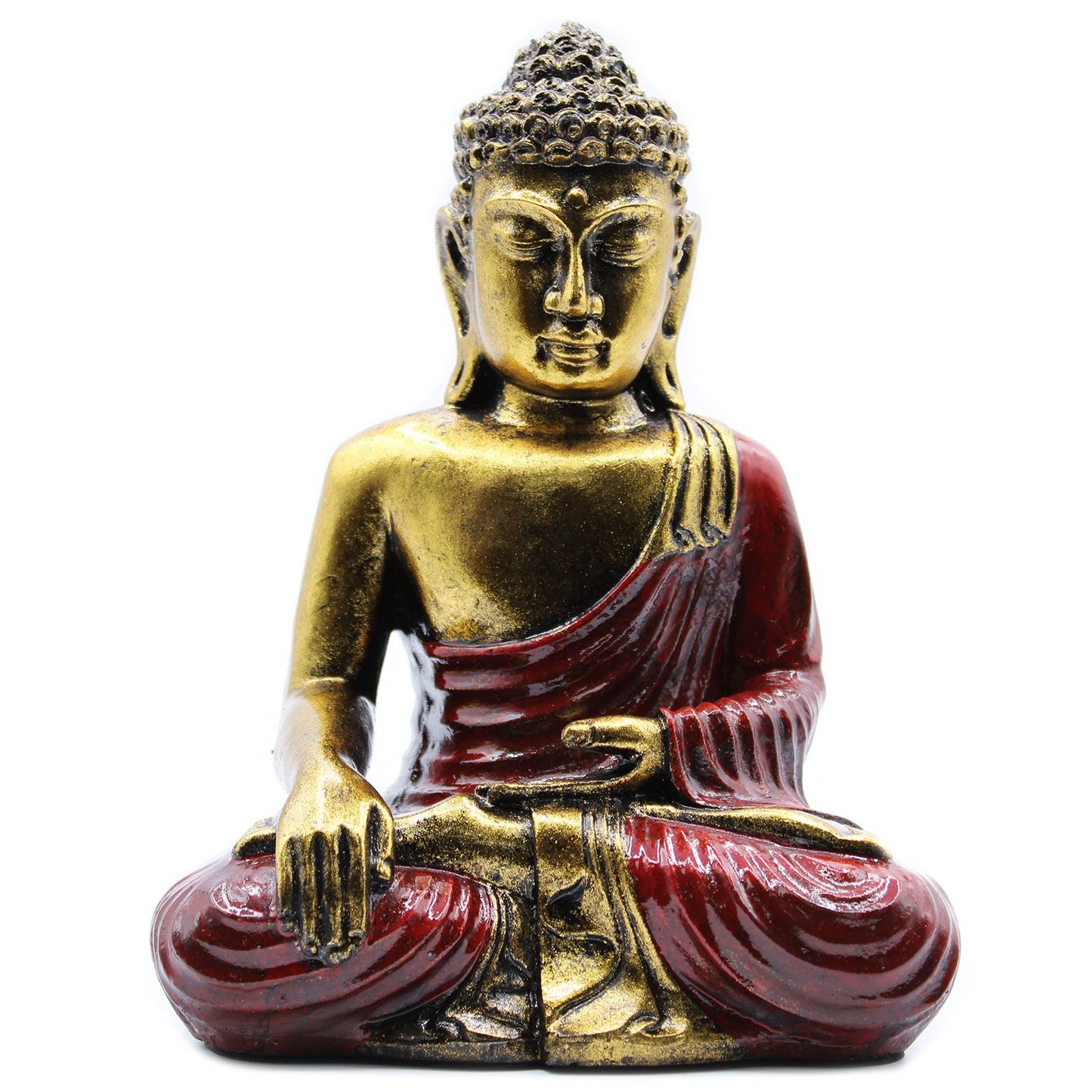 Large hand-painted resin Buddha statue in red and gold robes performing the Varada Mudra pose.