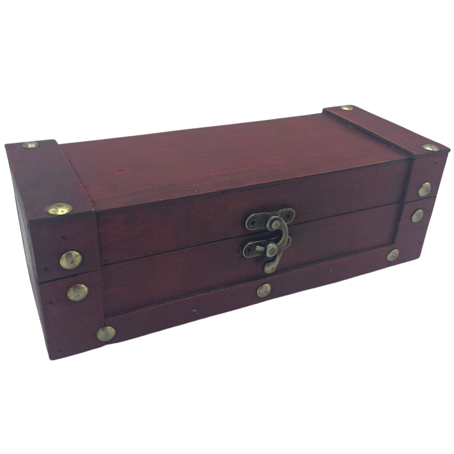 A long, vintage-style wooden tea chest in a warm tan finish with rustic metal detailing.