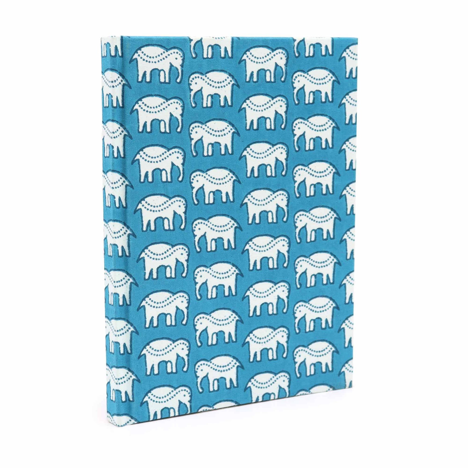 Handcrafted cotton bound notebook featuring a vibrant teal fabric cover with an elegant white elephant pattern.