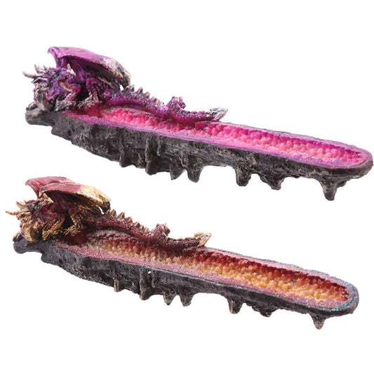 Detailed dragon themed incense ashcatcher with a geode crystal outcrop design and metallic fantasy colours.