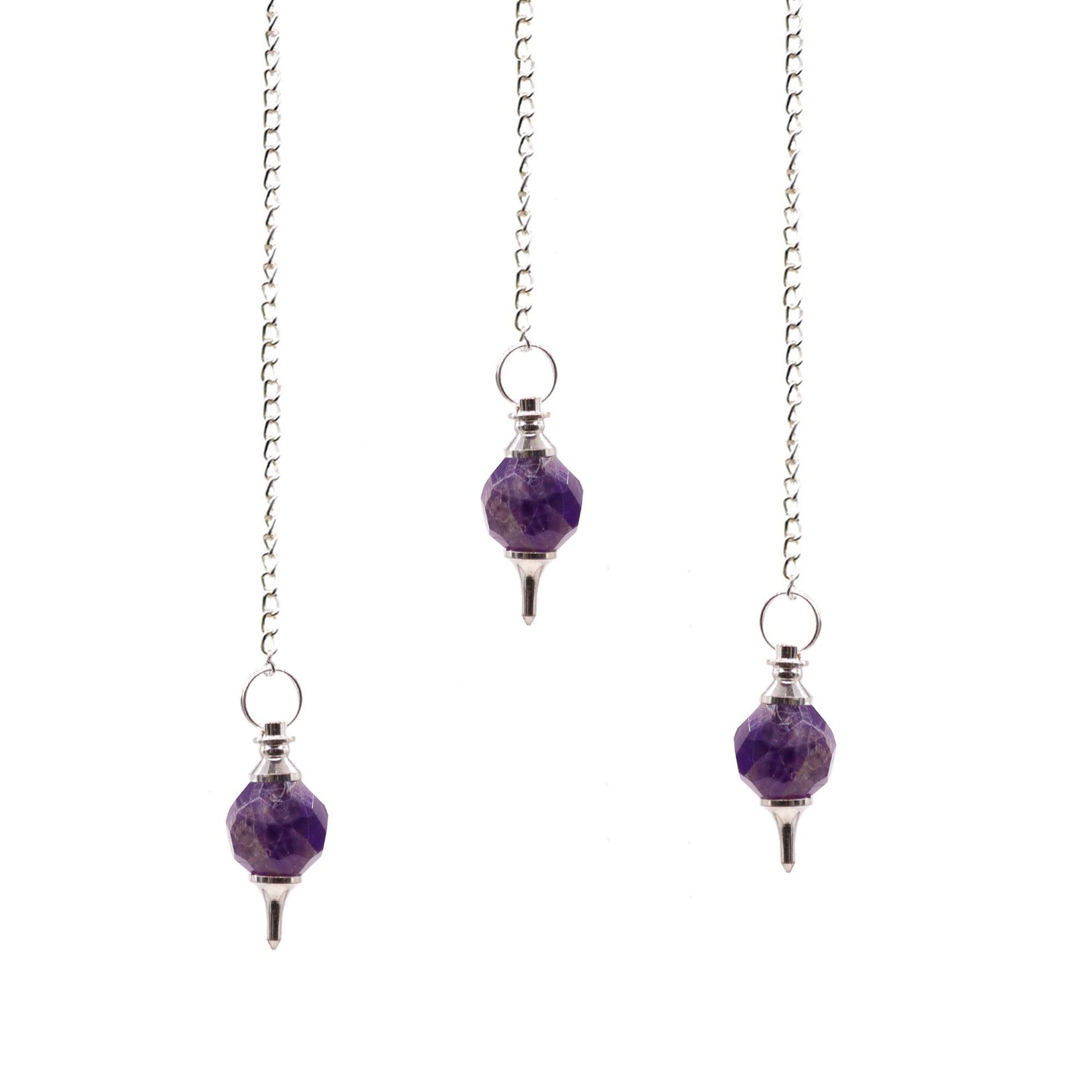 A high-quality faceted purple amethyst gemstone pendulum suspended from a silver-tone chain.