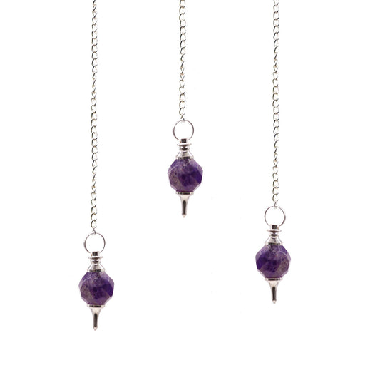 A high-quality faceted purple amethyst gemstone pendulum suspended from a silver-tone chain.