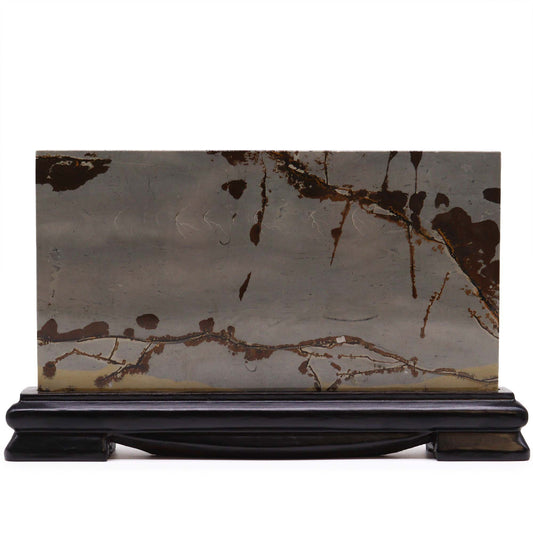 Large rectangular Guohua picture stone featuring natural mineral patterns resembling a misty mountain landscape.