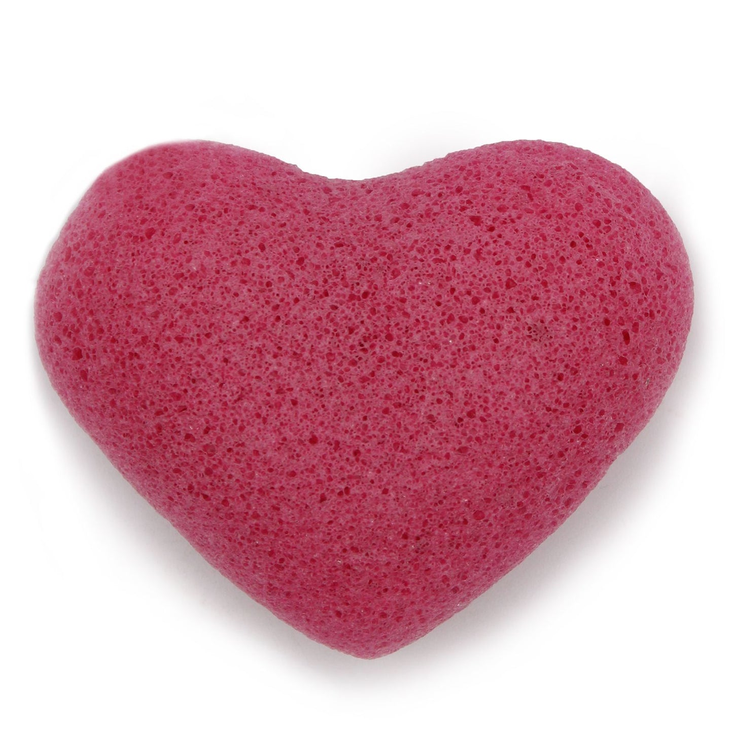 Heart-shaped pink konjac sponge with a soft, porous texture for natural facial cleansing.