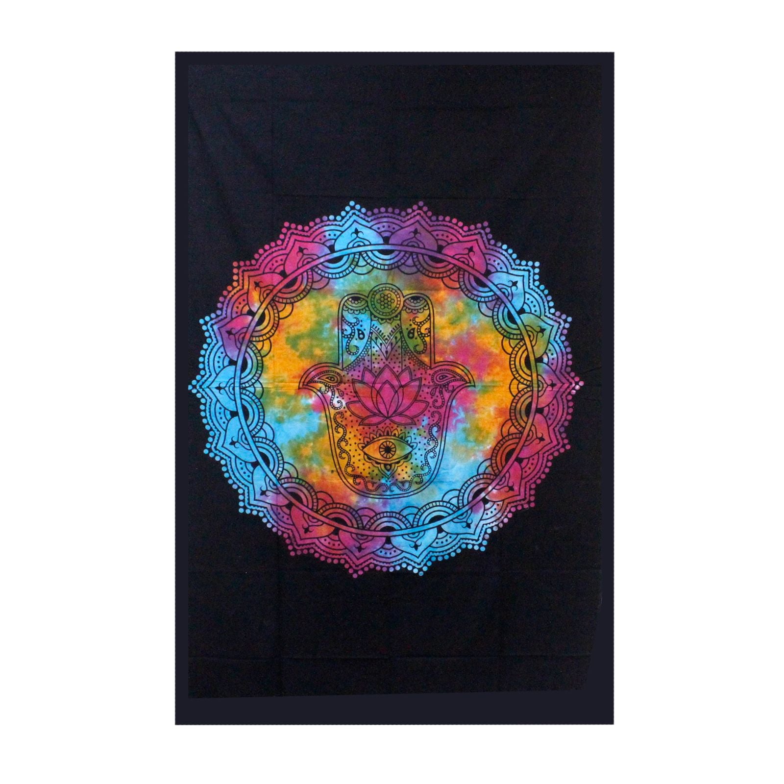 Large black cotton bedspread featuring a white Hamsa hand design, displayed as a decorative wall hanging.