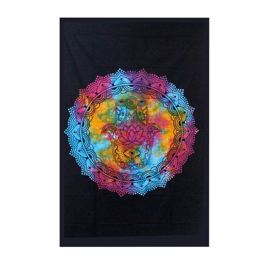 Large black cotton bedspread featuring a white Hamsa hand design, displayed as a decorative wall hanging.