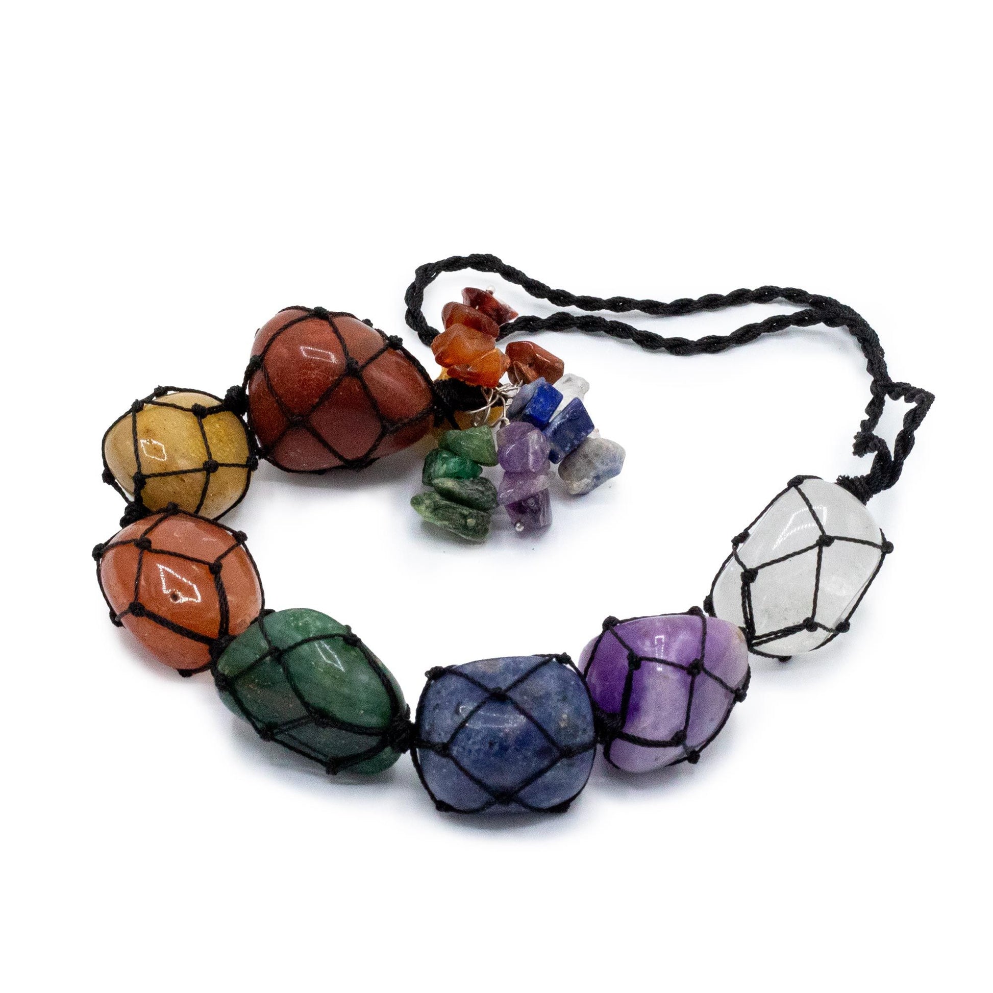 Silver-tone wire-wrapped pendant featuring seven layers of colourful natural chakra stone chips.
