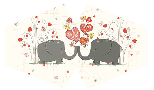 Colourful reusable adult face mask featuring a vibrant love elephants print on breathable fabric.