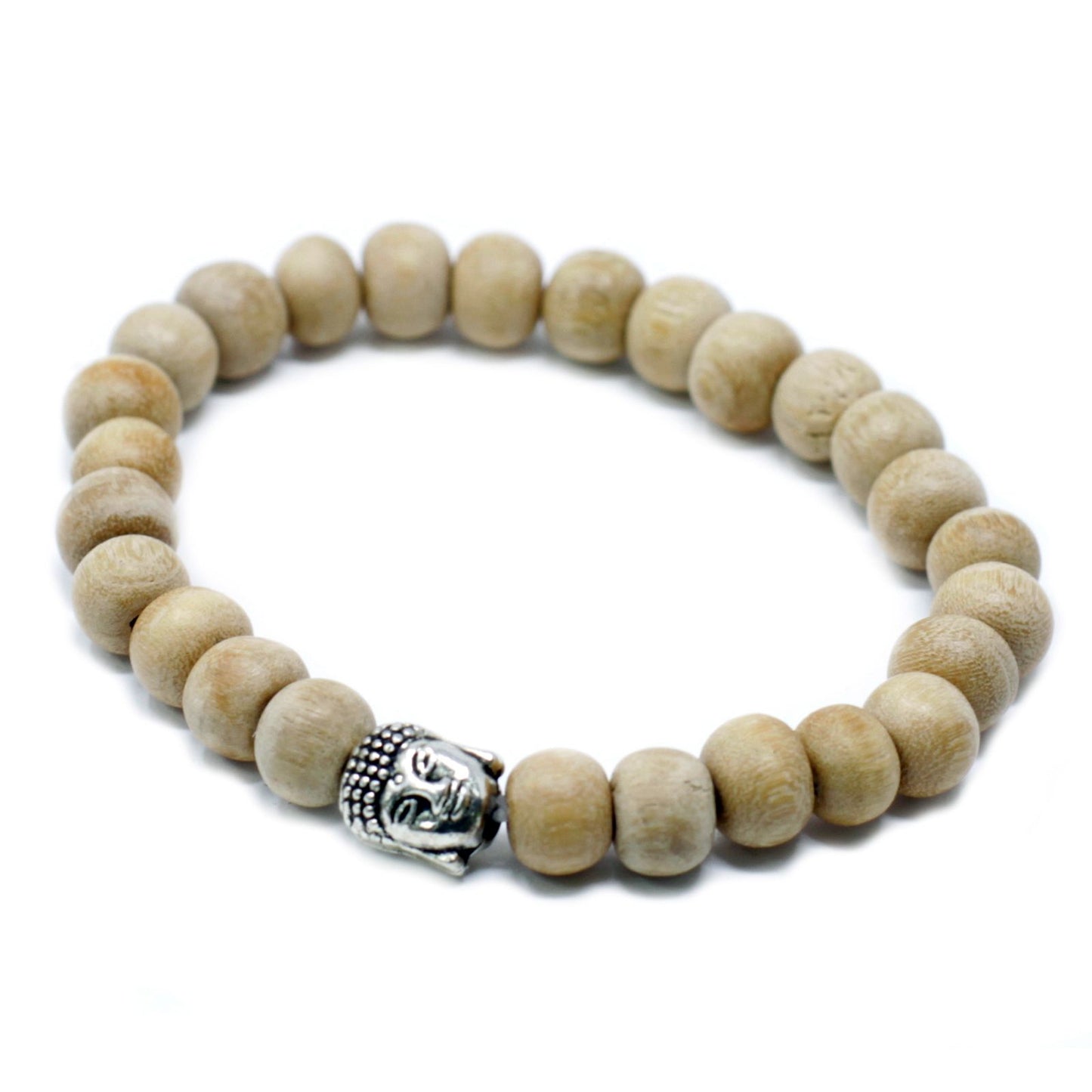 Unisex elasticated bracelet featuring fragrant sandalwood-style beads and a small silver-toned Buddha charm.