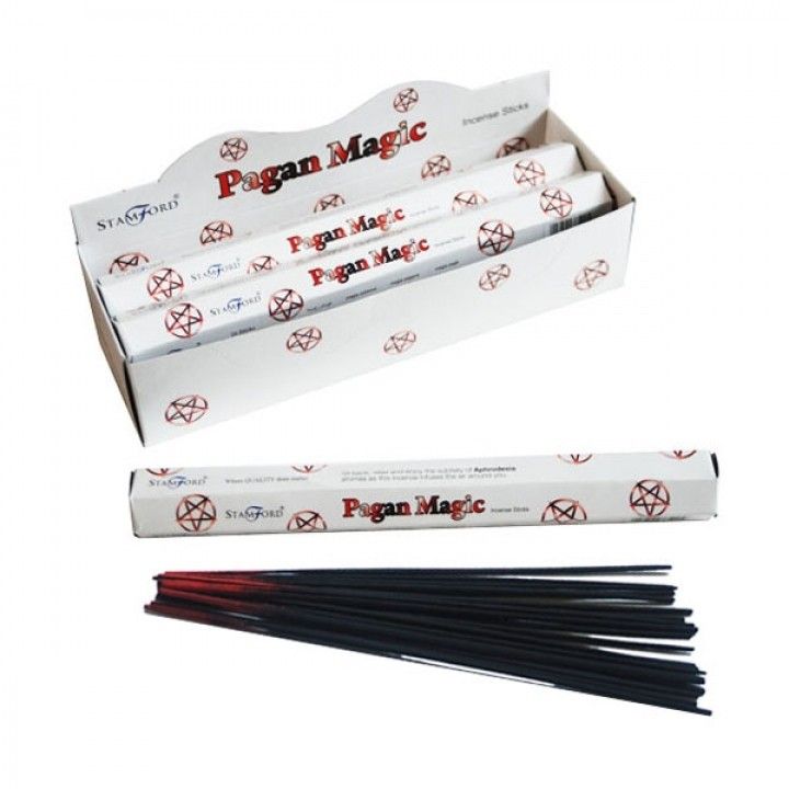 Hexagonal box of premium incense sticks featuring mystical pagan artwork on a dark background.