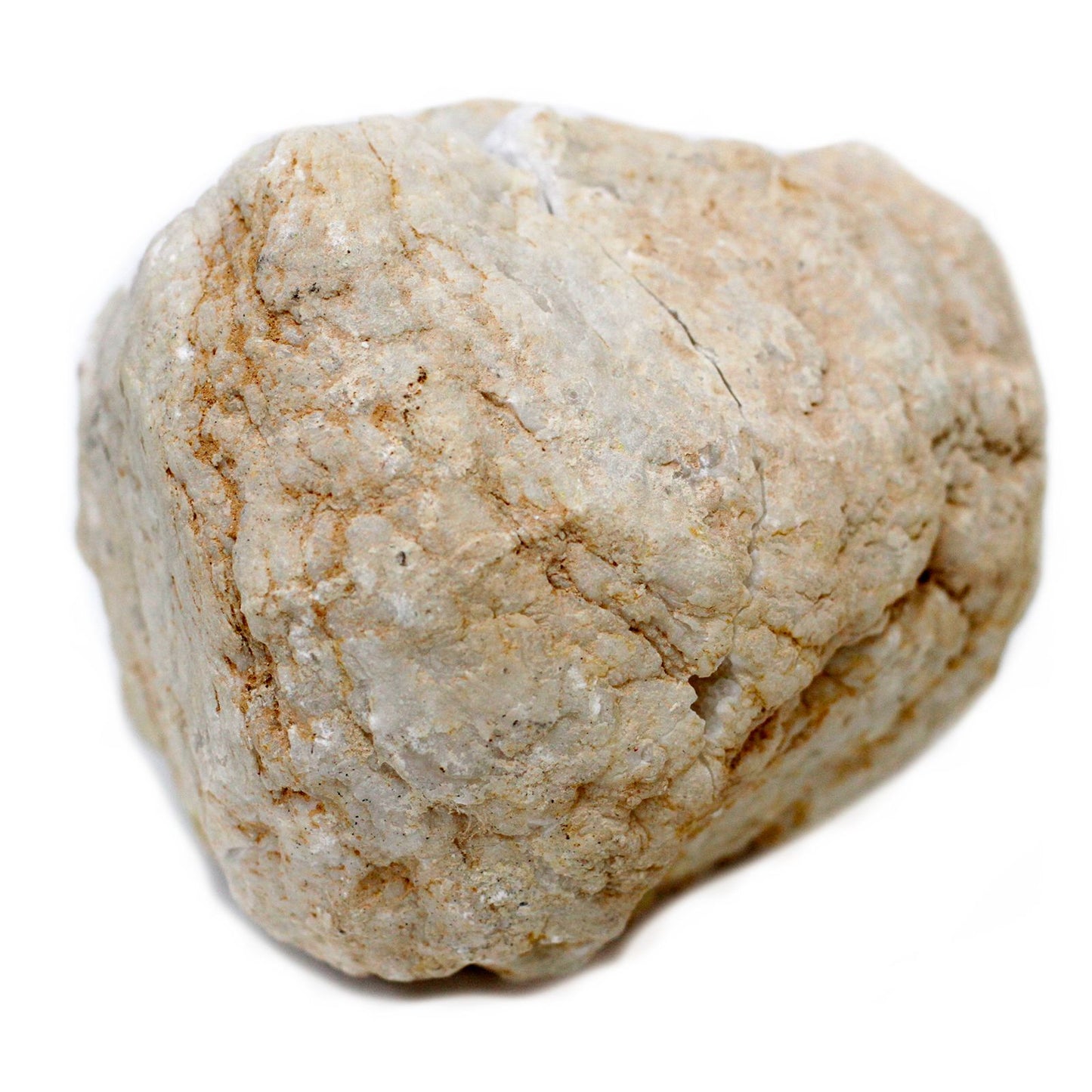 A large natural Calcite geode with sparkling white crystalline structures inside a rocky outer shell.