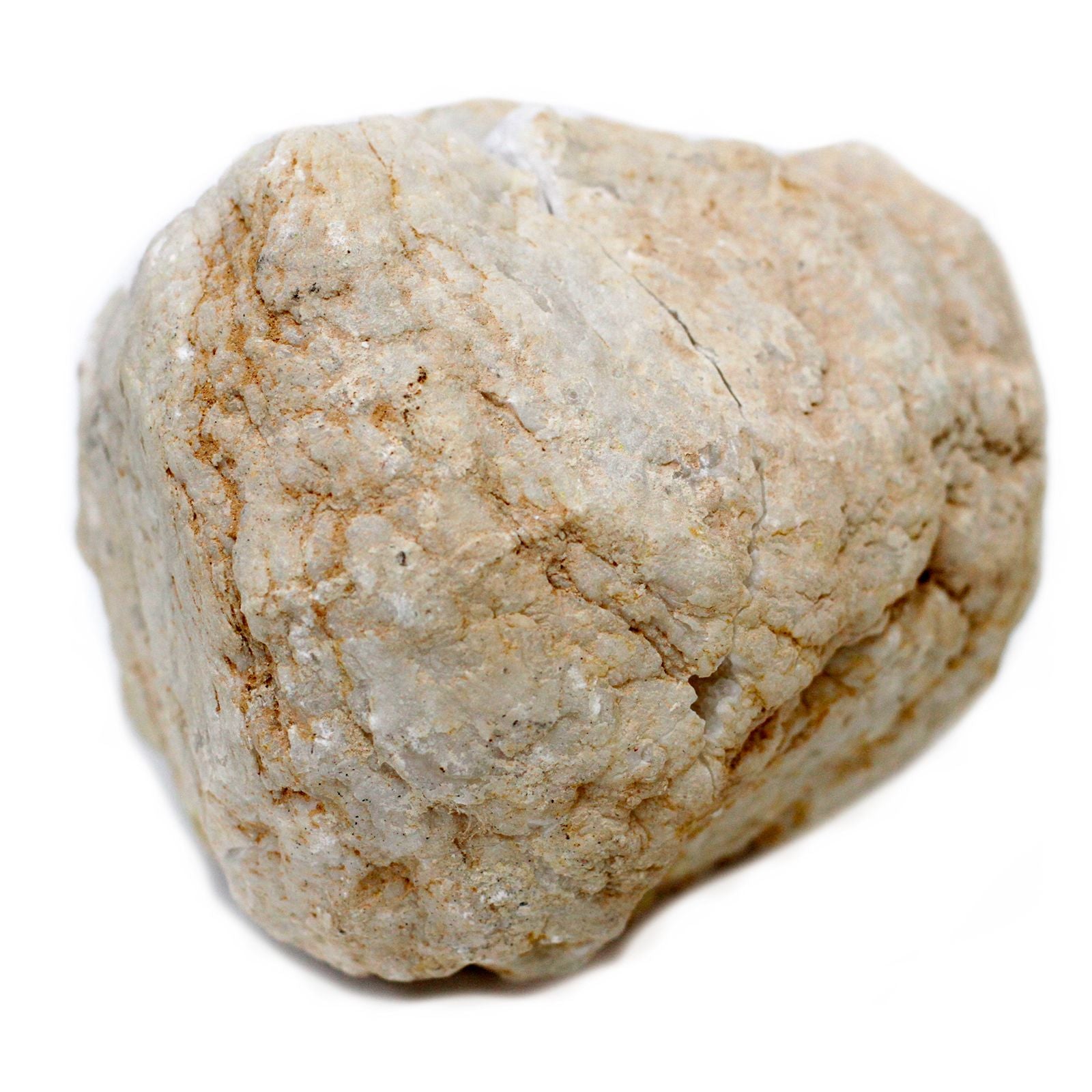 A large natural Calcite geode with sparkling white crystalline structures inside a rocky outer shell.