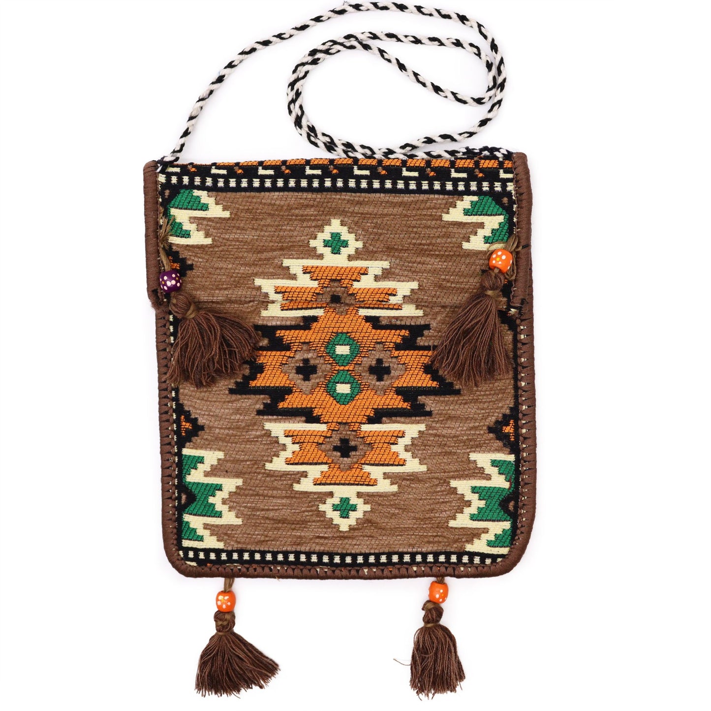 Handcrafted beige Kilim messenger bag featuring traditional Turkish woven patterns and a long shoulder strap.