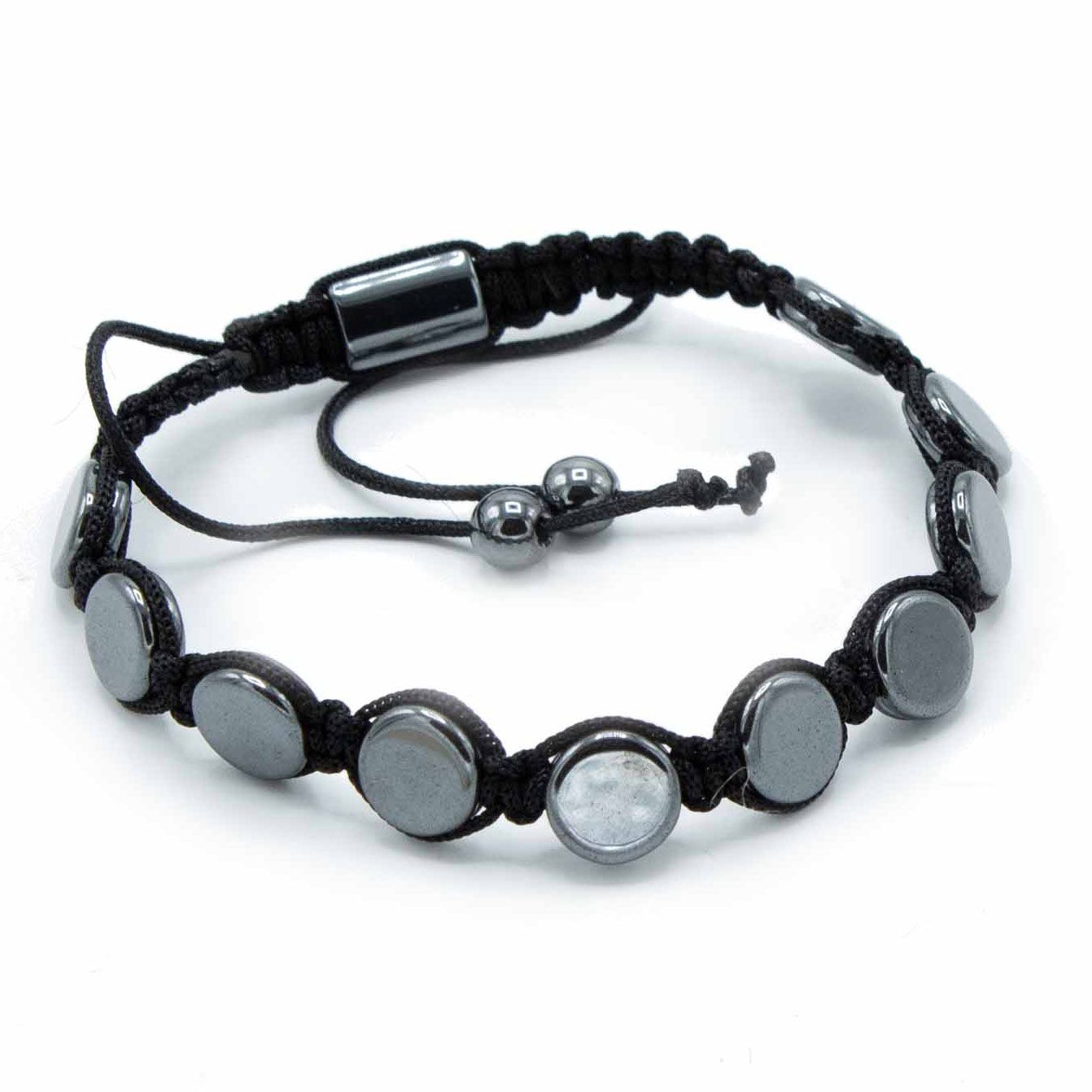 Sleek black magnetic hematite Shamballa bracelet with round flat beads and colourful accent cubes on an adjustable cord.