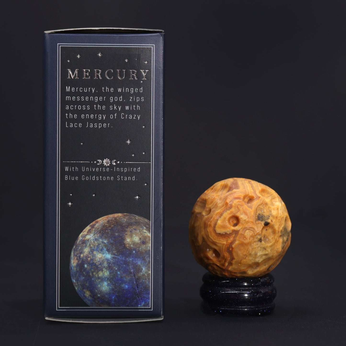 Swirling colourful Crazy Lace Jasper gemstone sphere representing Mercury on a sparkling goldstone solar stand.