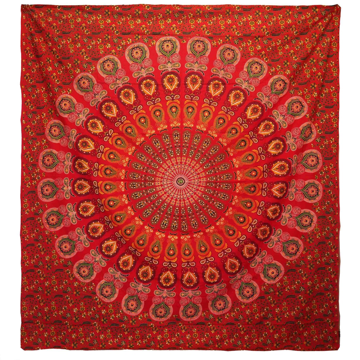 Large red cotton bedspread featuring a detailed white peacock mandala design, displayed as a decorative wall hanging.