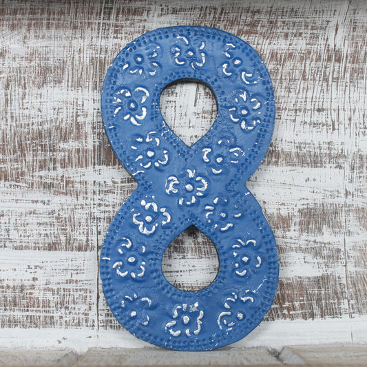 Rustic 15cm number 8 made from wood and aluminium with a distressed multicoloured finish and vintage font style.