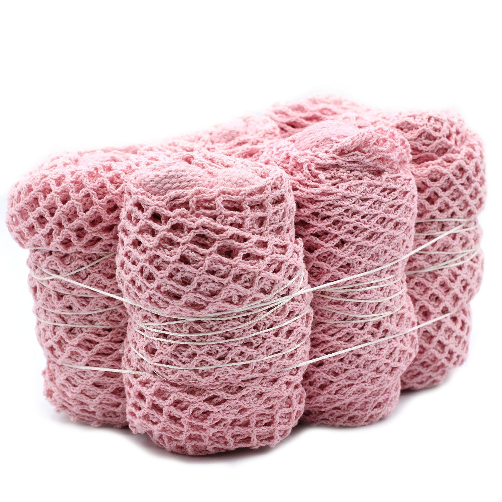 Eco-friendly rose pink pure cotton mesh bag with a flexible honeycomb weave and sturdy handles.