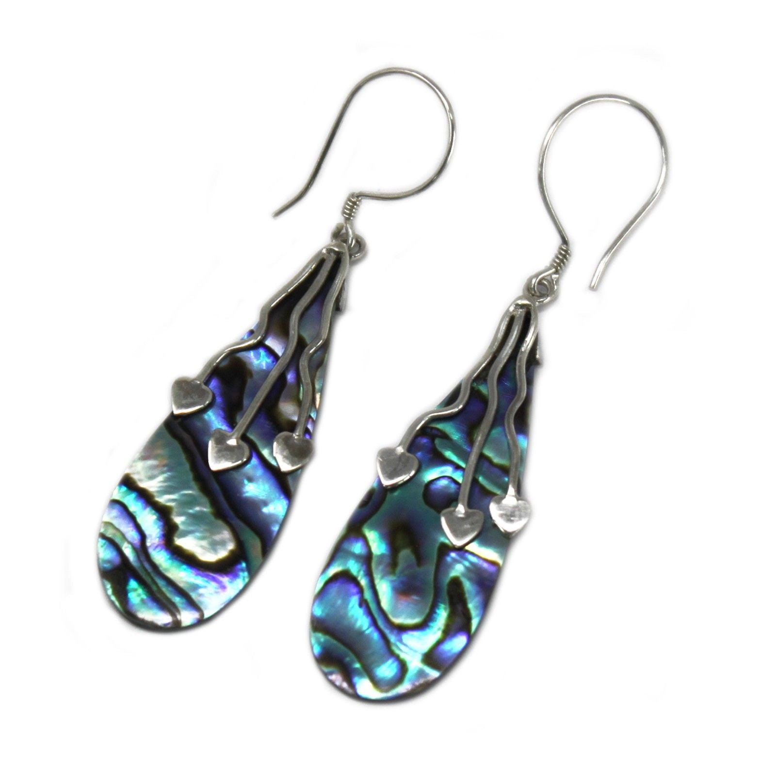 Hand-made 925 silver earrings featuring three delicate heart-shaped drops inlaid with iridescent abalone shell.