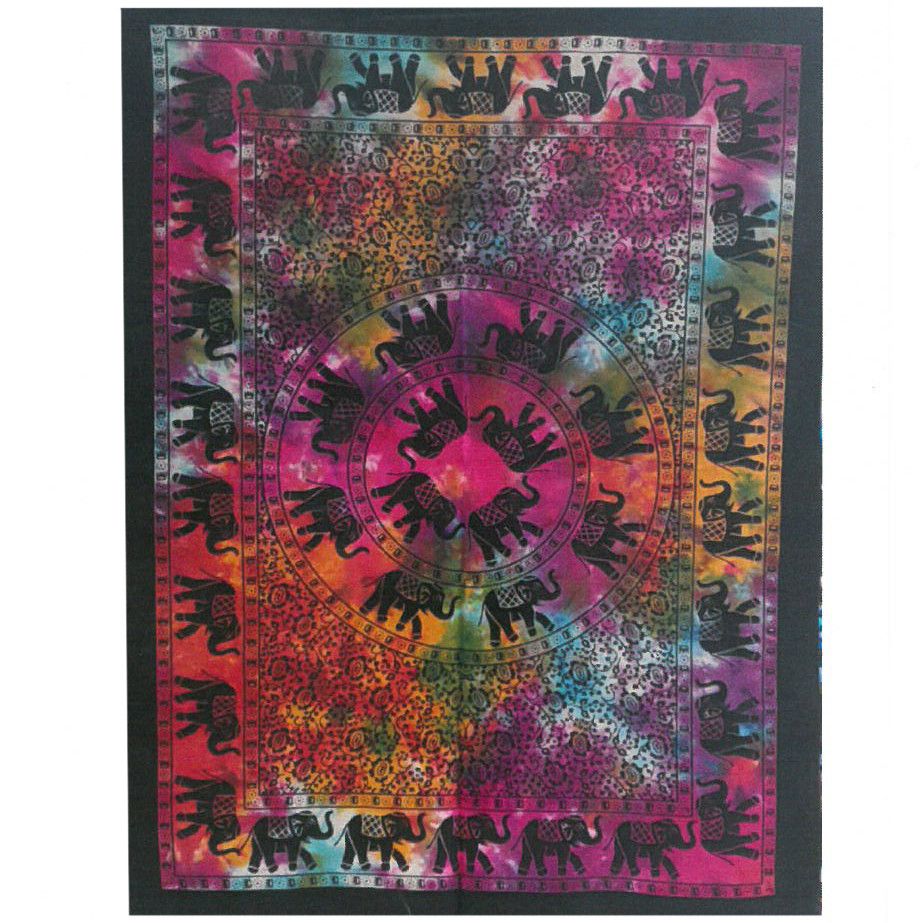 Intricate black and white elephant mandala design on a high-quality cotton wall hanging tapestry.