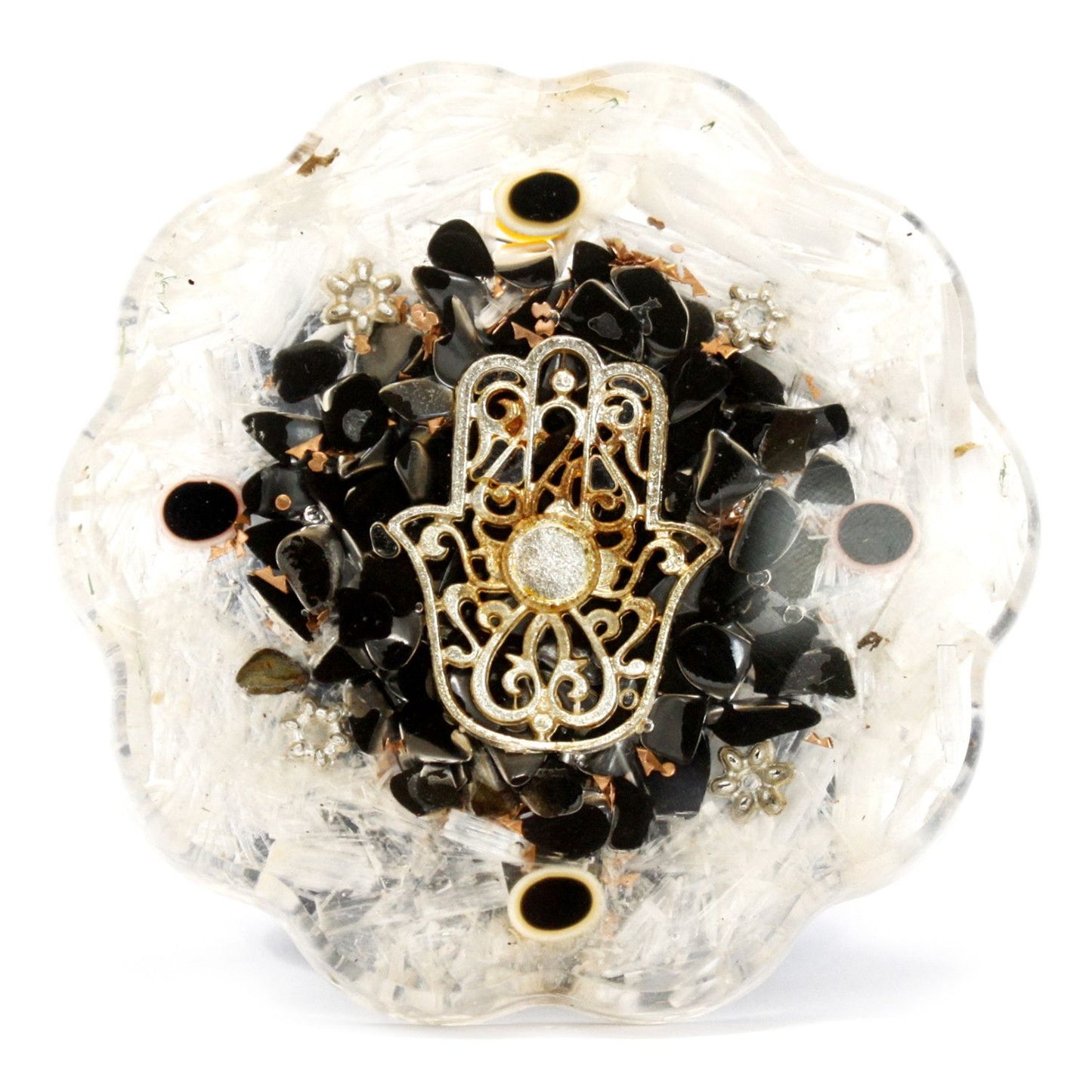 Handcrafted medium-sized Orgonite desk power pack featuring a Hamsa symbol, Selenite gemstones, and copper filings.