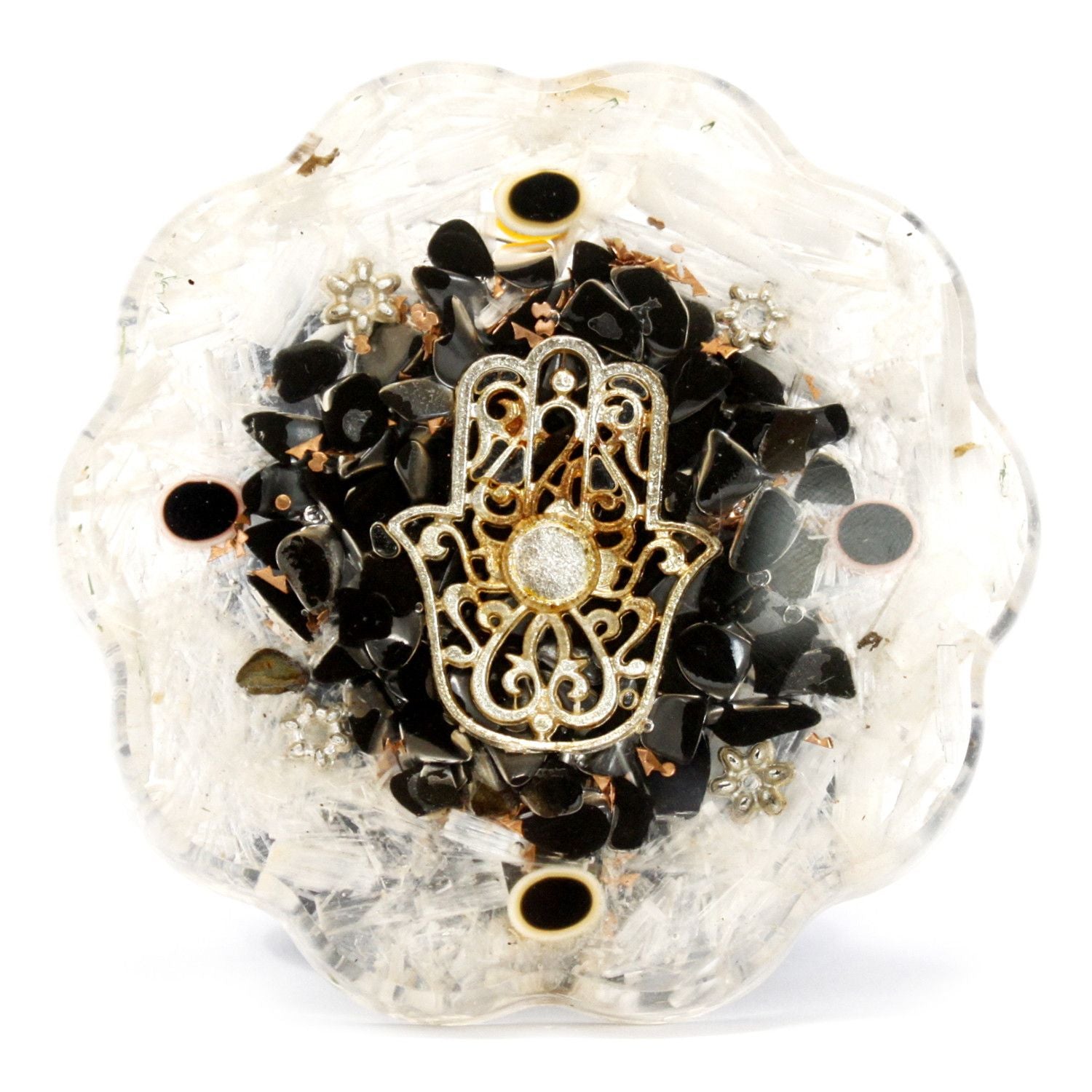 Handcrafted medium-sized Orgonite desk power pack featuring a Hamsa symbol, Selenite gemstones, and copper filings.