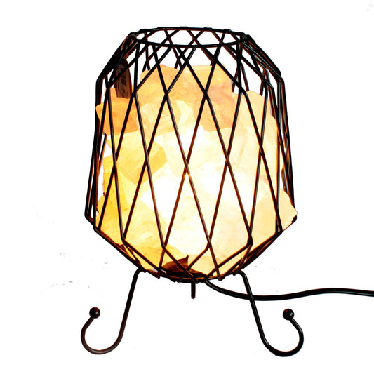 Black mesh metal brazier filled with natural white Himalayan salt rock chunks, glowing from an internal light source.