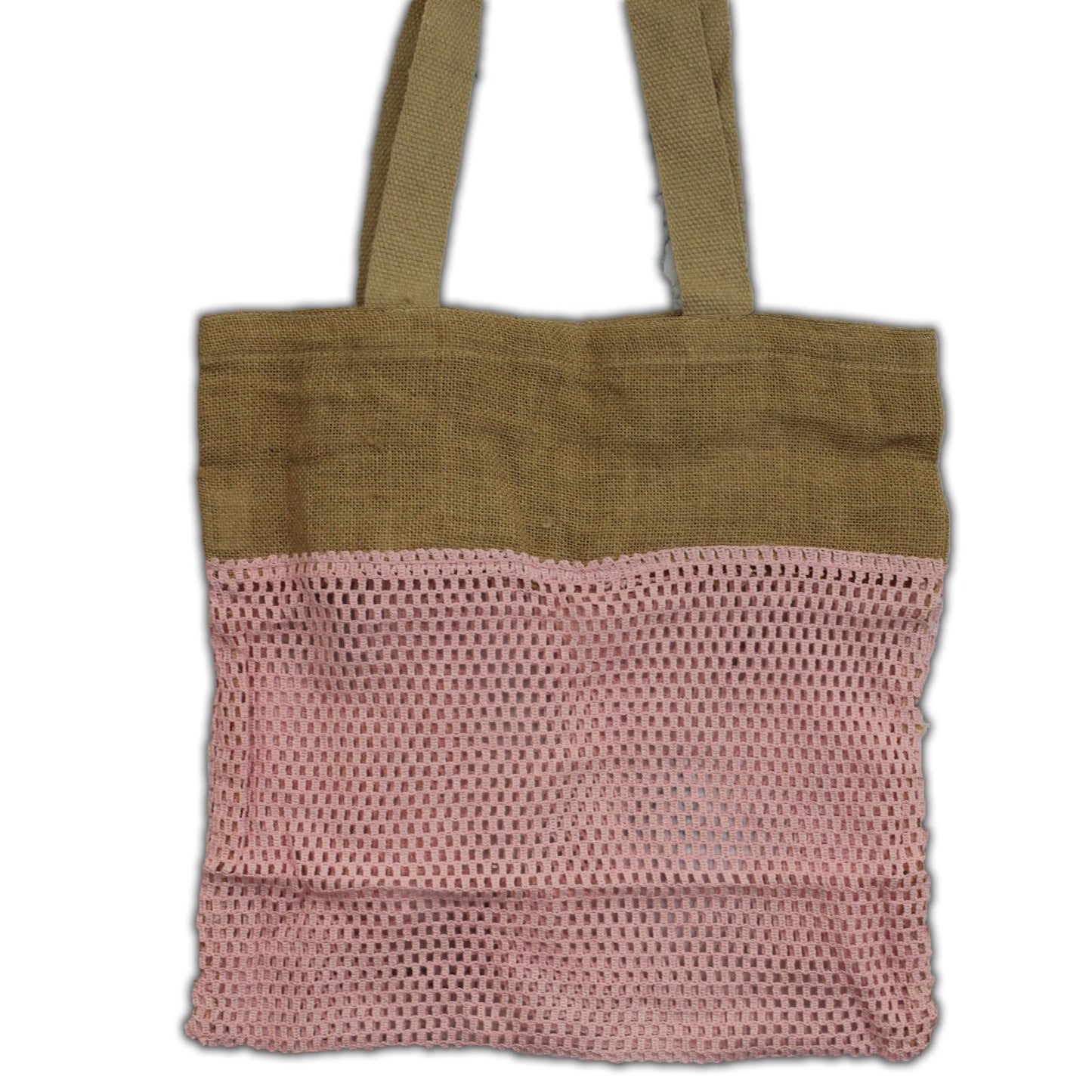 Sustainable rose pink mesh bag made from soft jute and cotton fibers with a woven handle.