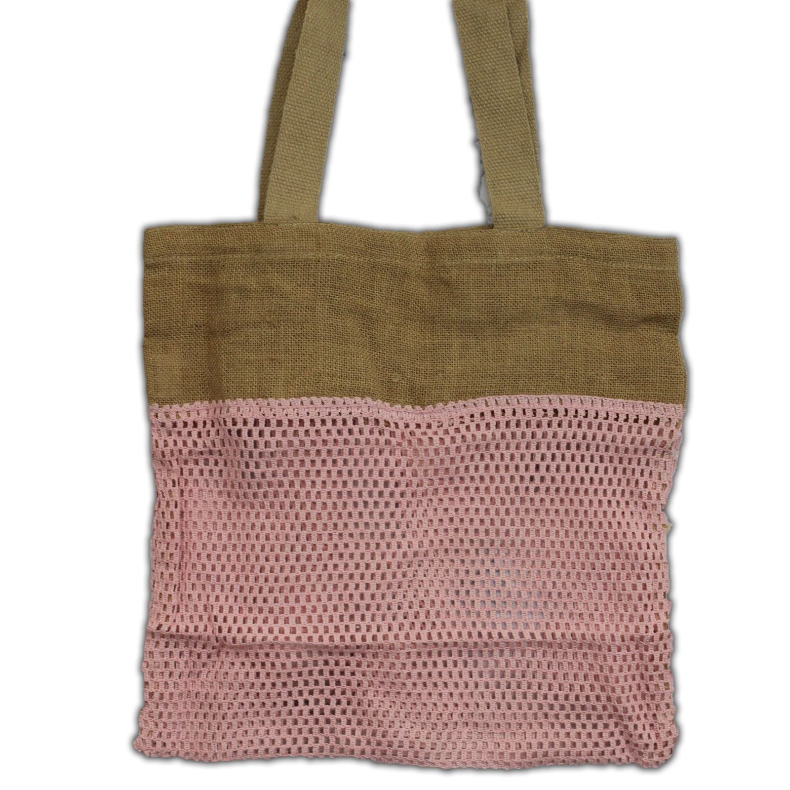 Sustainable rose pink mesh bag made from soft jute and cotton fibers with a woven handle.