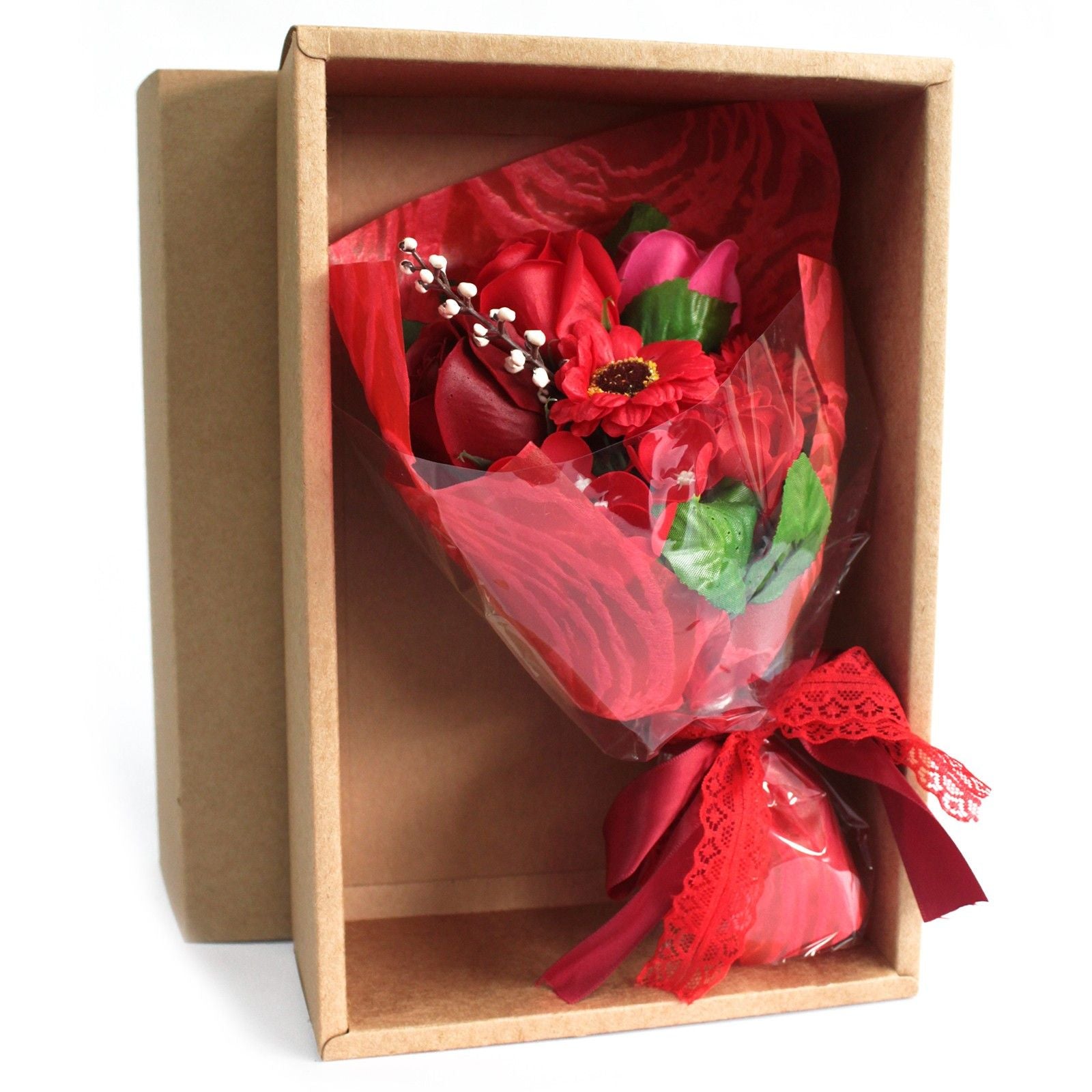 Elegant red soap flower roses arranged in a decorative gift box for a luxurious bath experience.