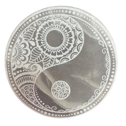 Large circular white selenite charging plate with a smooth polished surface and natural crystalline texture.