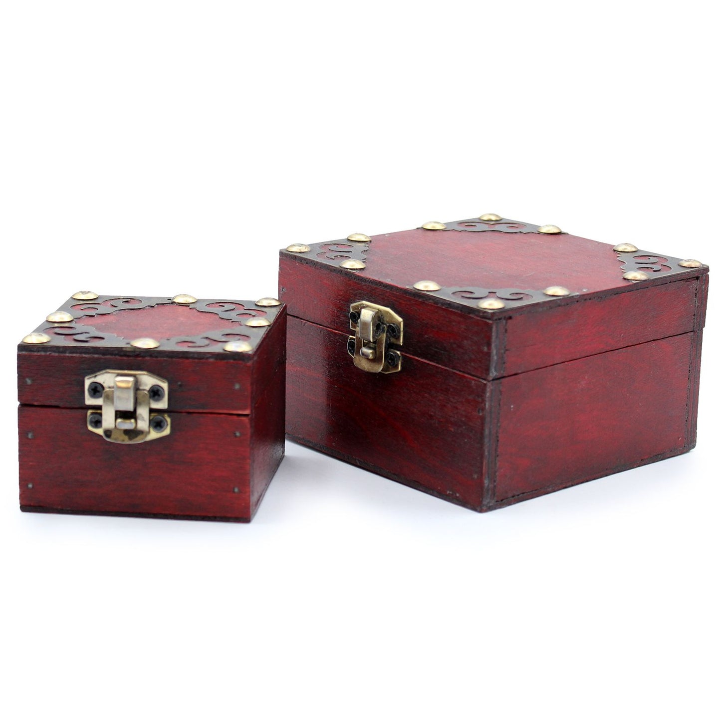 Two dark wood-effect square storage boxes with ornate brass fittings and a vintage replica antique finish.