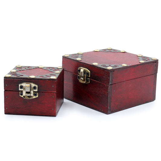 Two dark wood-effect square storage boxes with ornate brass fittings and a vintage replica antique finish.