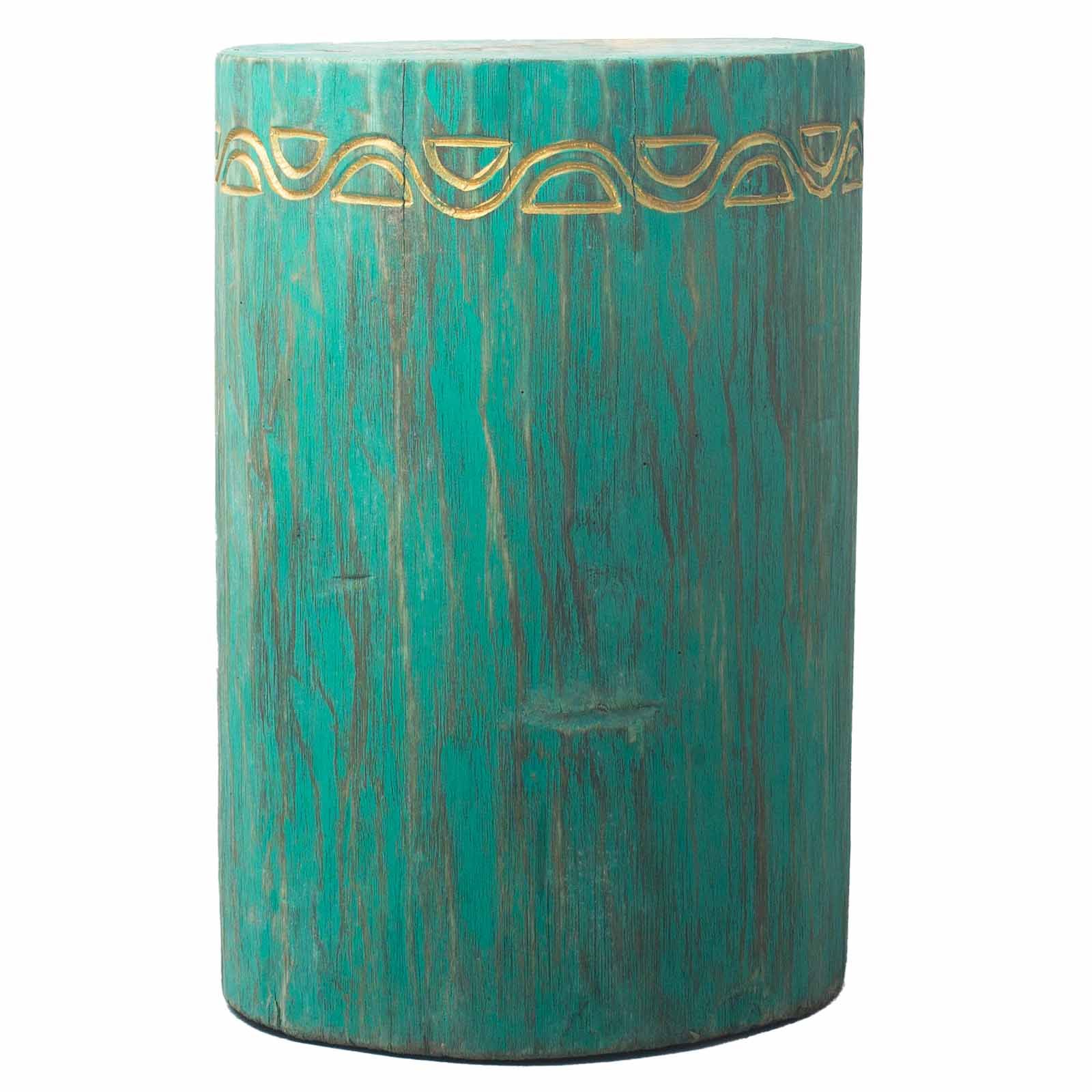 Hand-carved turquoise wooden tribal stool and side table made from Albasia wood with traditional patterns.