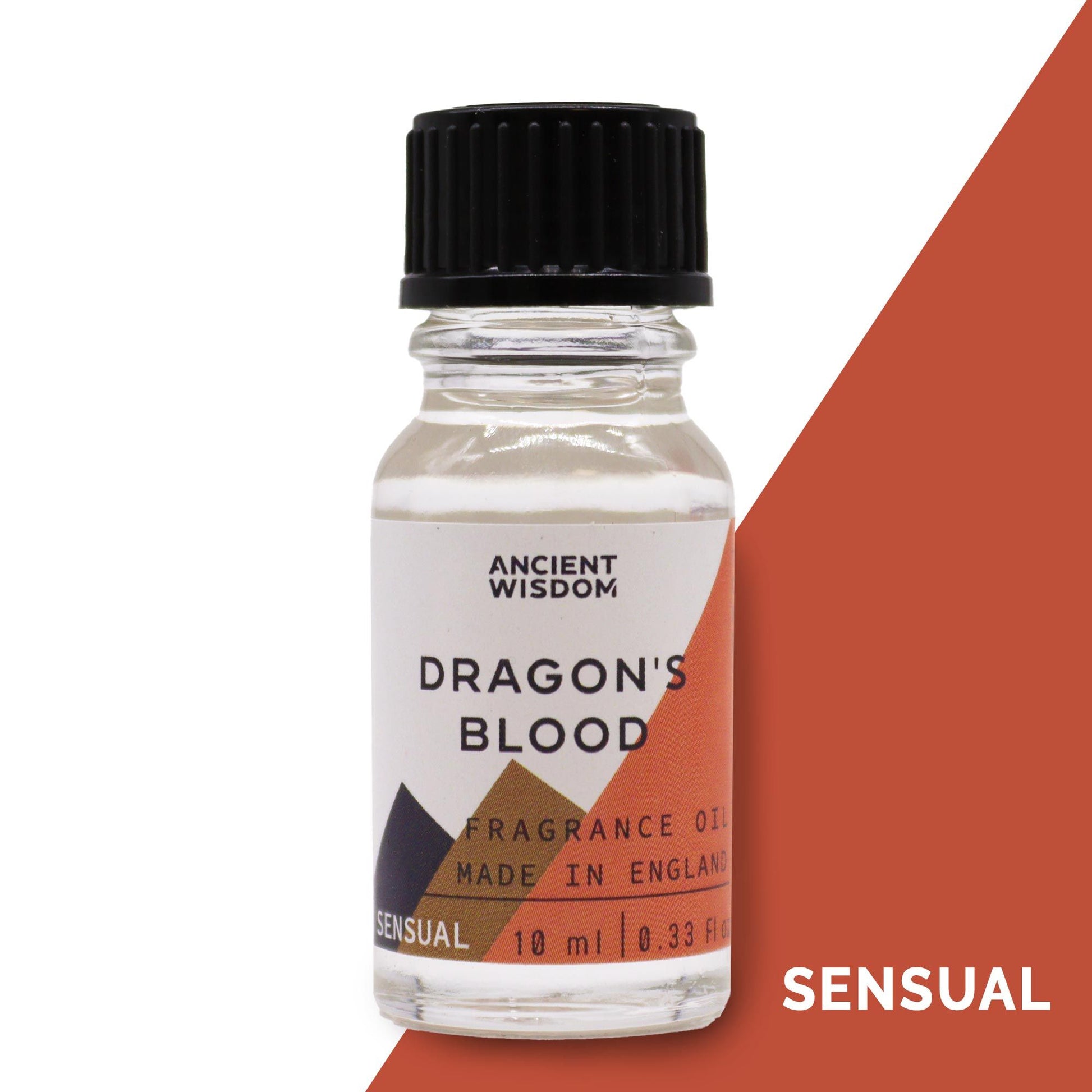 Small amber glass bottle with a black cap containing Dragon's Blood fragrance oil against a neutral background.