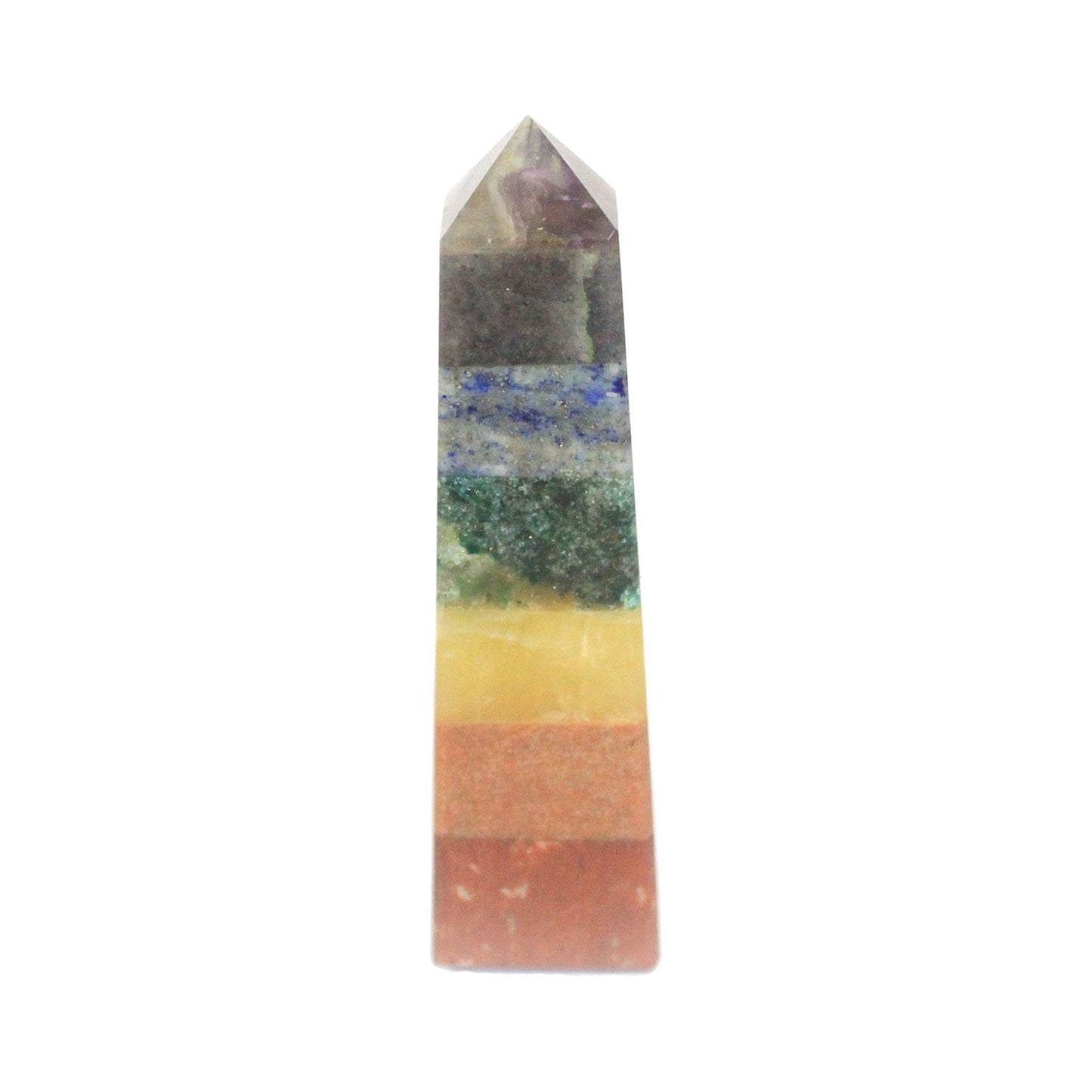 Tall handcrafted obelisk made from seven layers of different coloured bonded chakra gemstones.