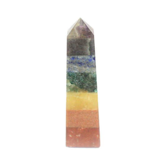 Tall handcrafted obelisk made from seven layers of different coloured bonded chakra gemstones.