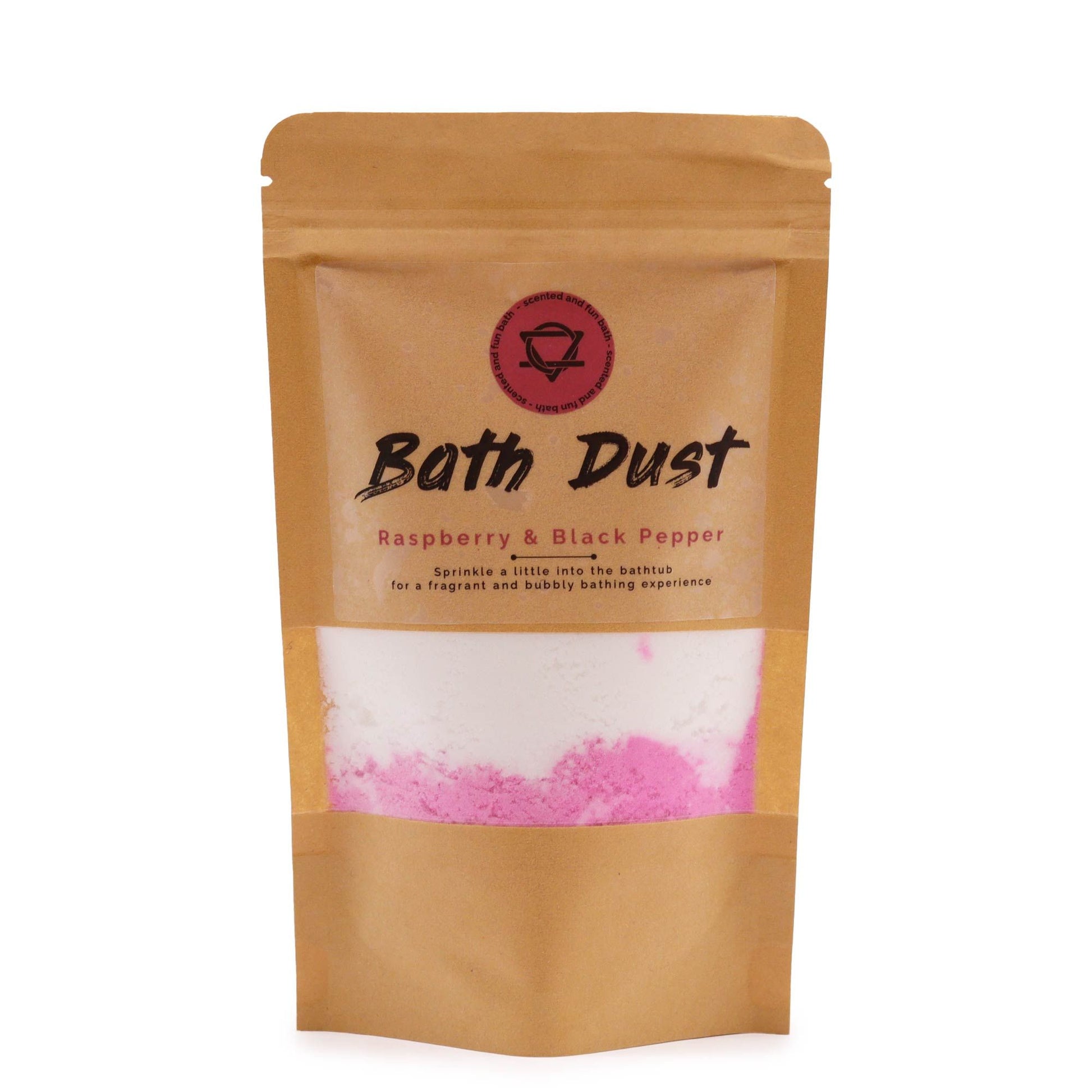 Pink and white speckled bath dust powder in a clear glass jar with a metal lid.