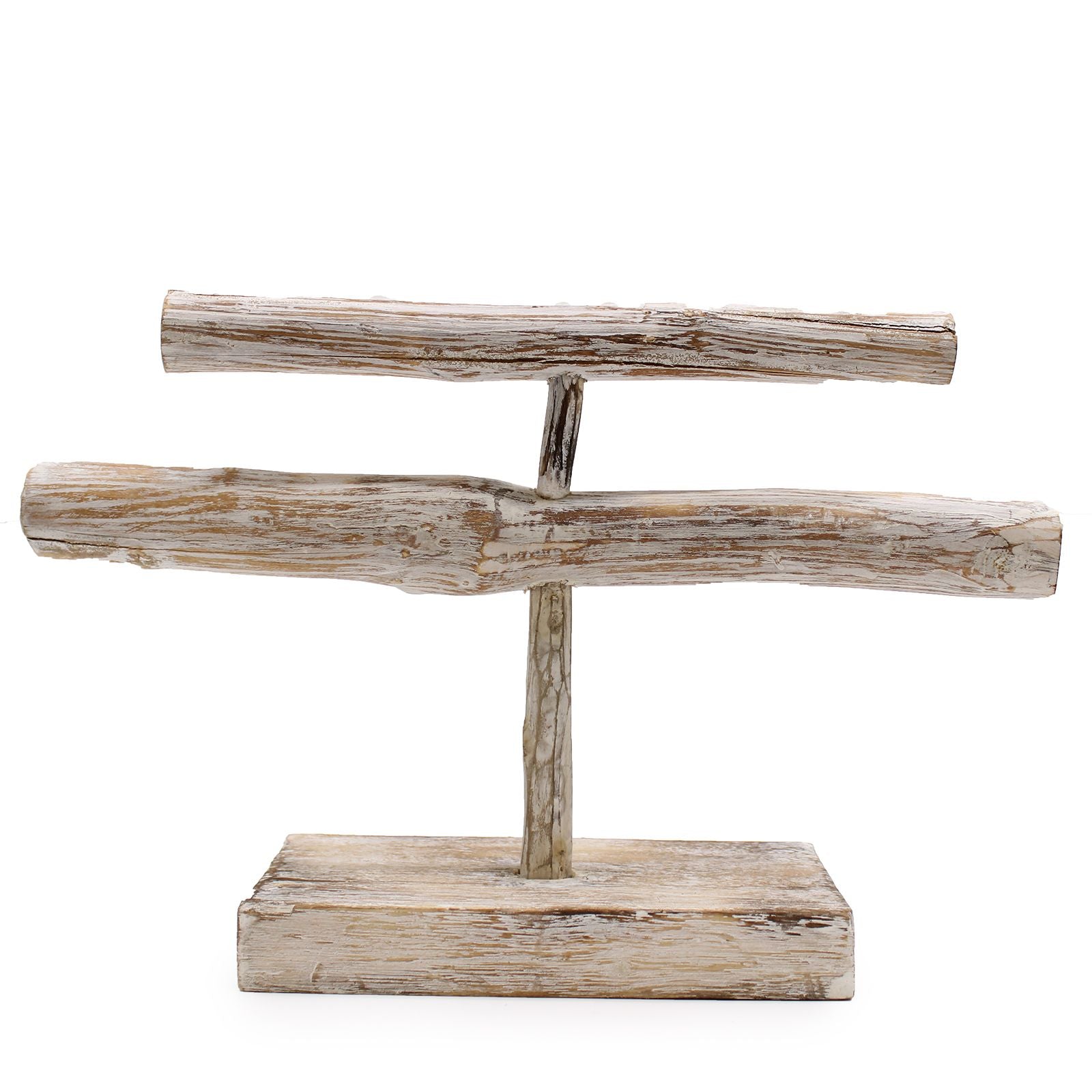 Rustic whitewashed wooden jewellery stand with a double branch design for hanging necklaces and bracelets.