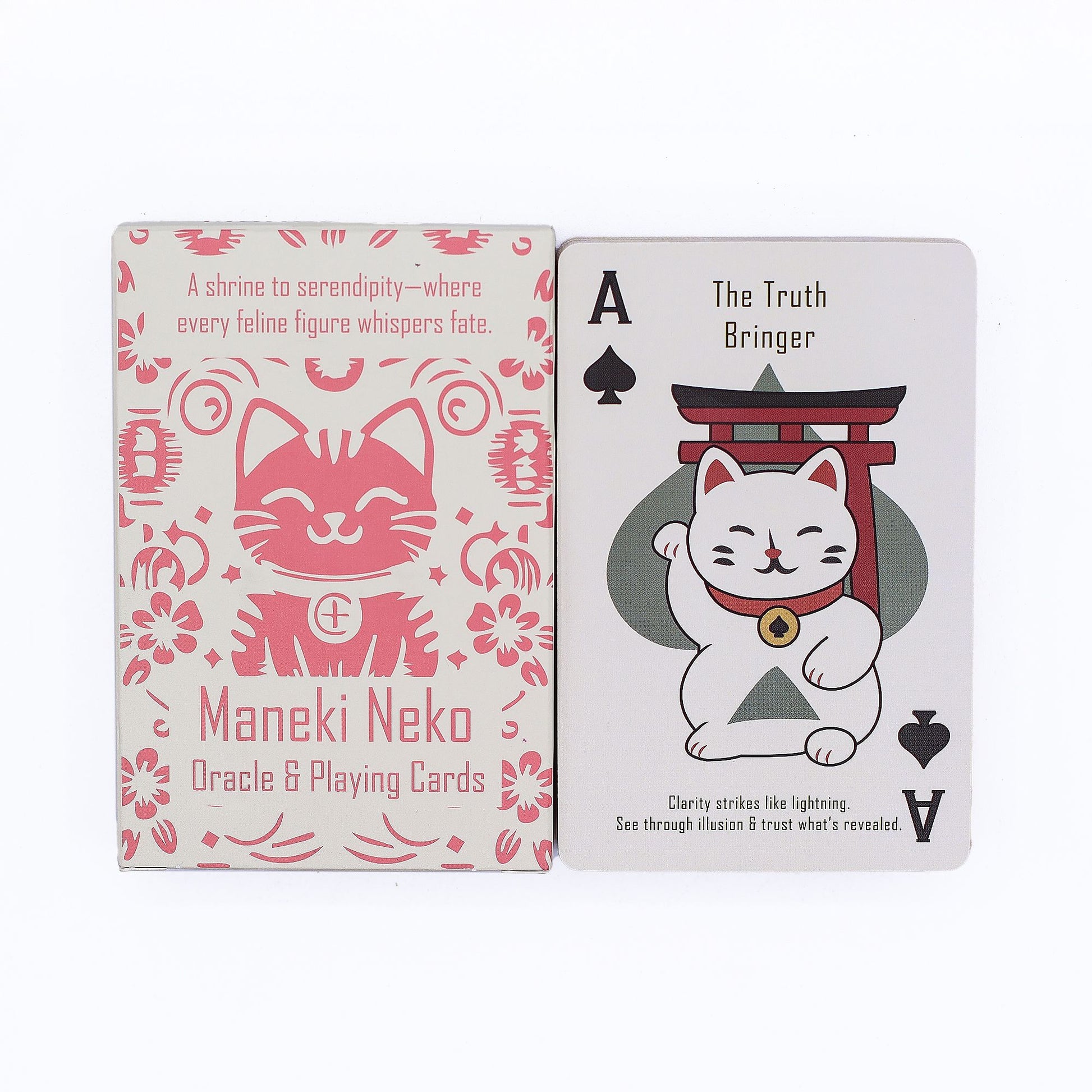 Maneki Neko themed playing cards featuring Japanese lucky cats, torii gates, and soft pastel illustrations.