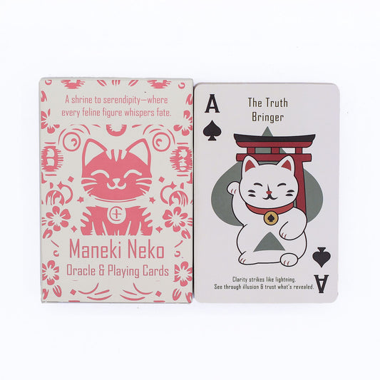 Maneki Neko themed playing cards featuring Japanese lucky cats, torii gates, and soft pastel illustrations.