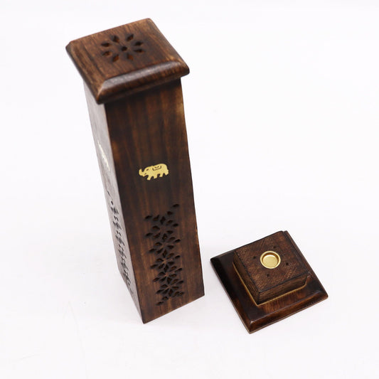 Two elegant tapered incense towers crafted from natural mango wood with intricate carved details.